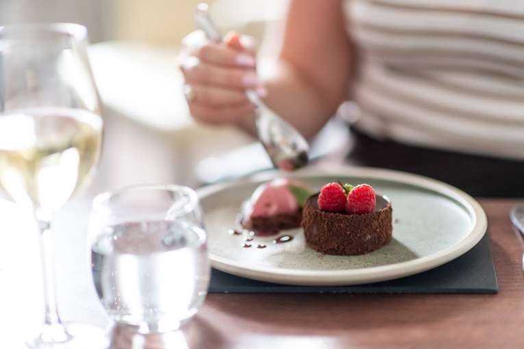 Chocolate dessert on a table in The White Room